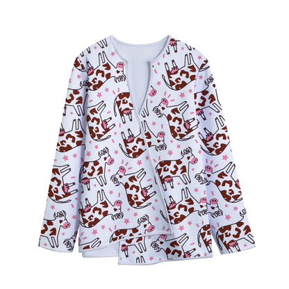 Cartoon Happy Dairy Cow Pattern Print Long Sleeve Short Coat