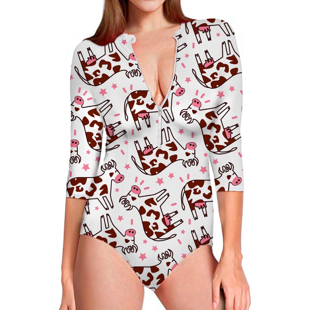 Cartoon Happy Dairy Cow Pattern Print Long Sleeve Swimsuit