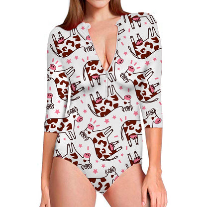 Cartoon Happy Dairy Cow Pattern Print Long Sleeve Swimsuit
