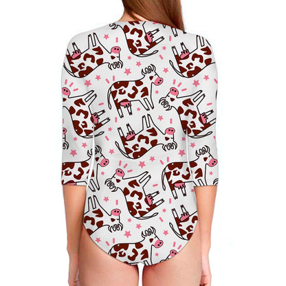 Cartoon Happy Dairy Cow Pattern Print Long Sleeve Swimsuit