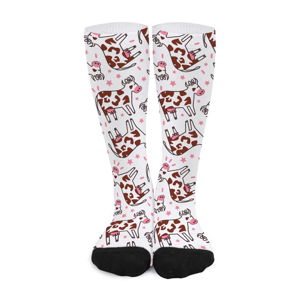 Cartoon Happy Dairy Cow Pattern Print Long Socks