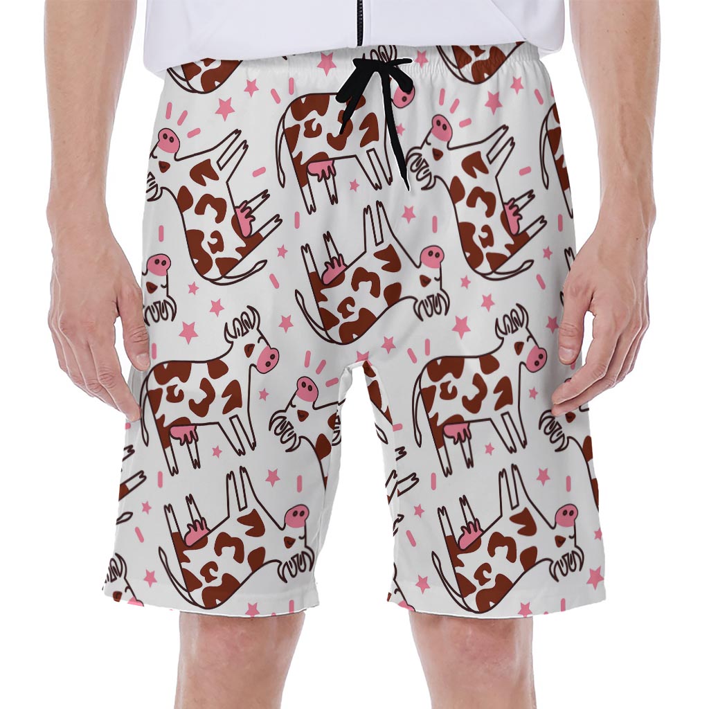 Cartoon Happy Dairy Cow Pattern Print Men's Beach Shorts
