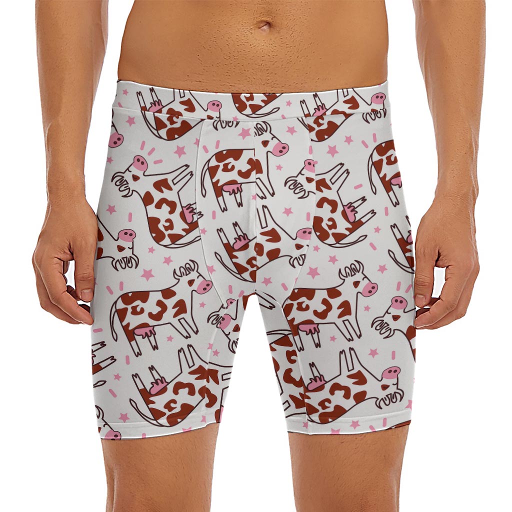 Cartoon Happy Dairy Cow Pattern Print Men's Long Boxer Briefs
