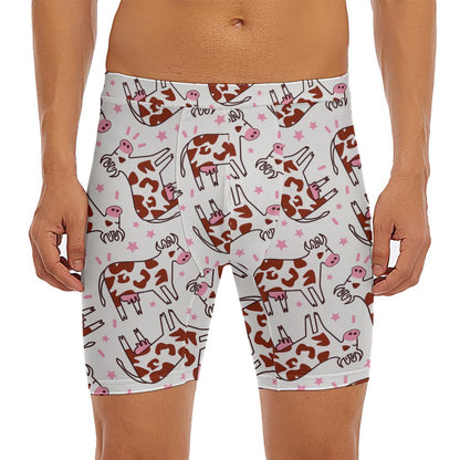 Cartoon Happy Dairy Cow Pattern Print Men's Long Boxer Briefs