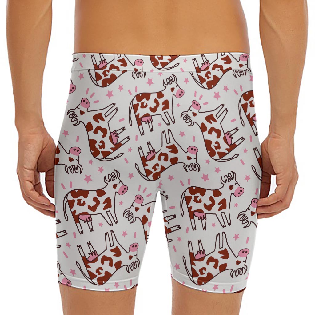 Cartoon Happy Dairy Cow Pattern Print Men's Long Boxer Briefs