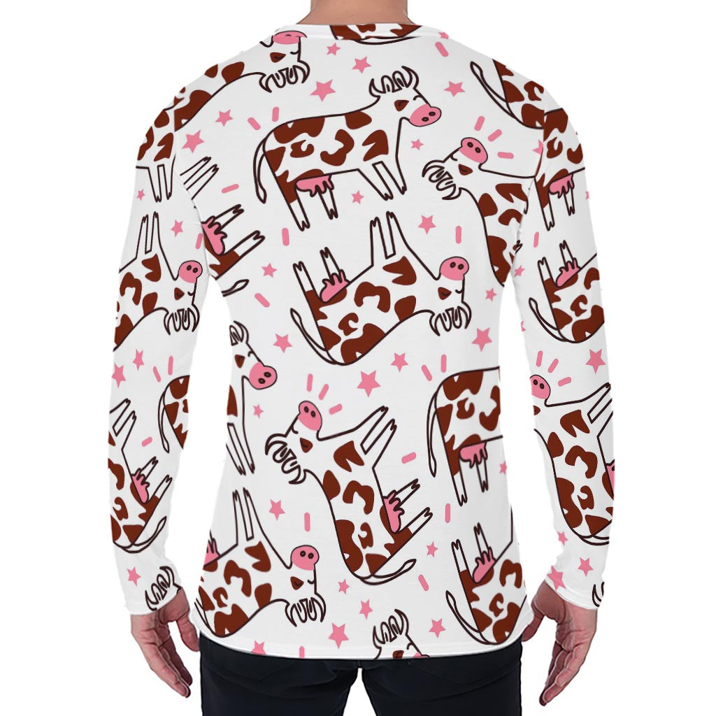 Cartoon Happy Dairy Cow Pattern Print Men's Long Sleeve T-Shirt