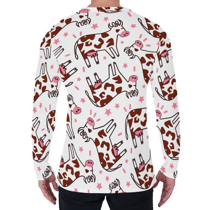 Cartoon Happy Dairy Cow Pattern Print Men's Long Sleeve T-Shirt