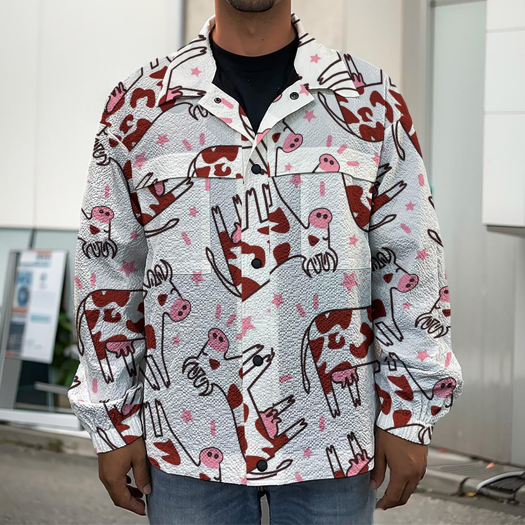 Cartoon Happy Dairy Cow Pattern Print Men's Shirt Jacket