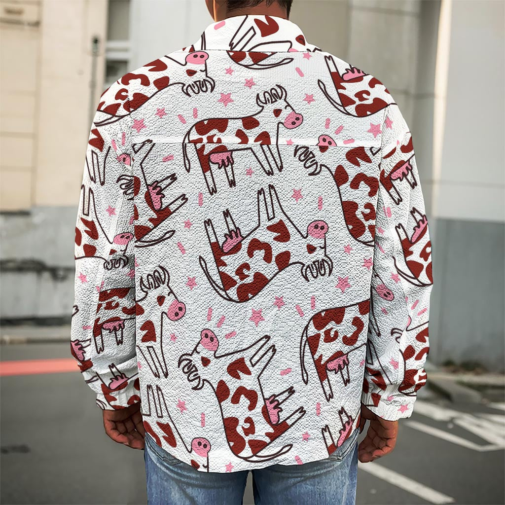 Cartoon Happy Dairy Cow Pattern Print Men's Shirt Jacket