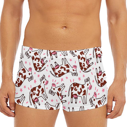 Cartoon Happy Dairy Cow Pattern Print Men's Short Boxer Briefs