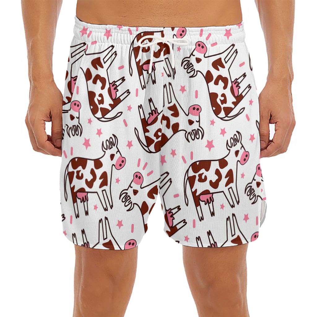 Cartoon Happy Dairy Cow Pattern Print Men's Split Running Shorts