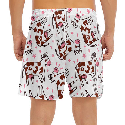 Cartoon Happy Dairy Cow Pattern Print Men's Split Running Shorts