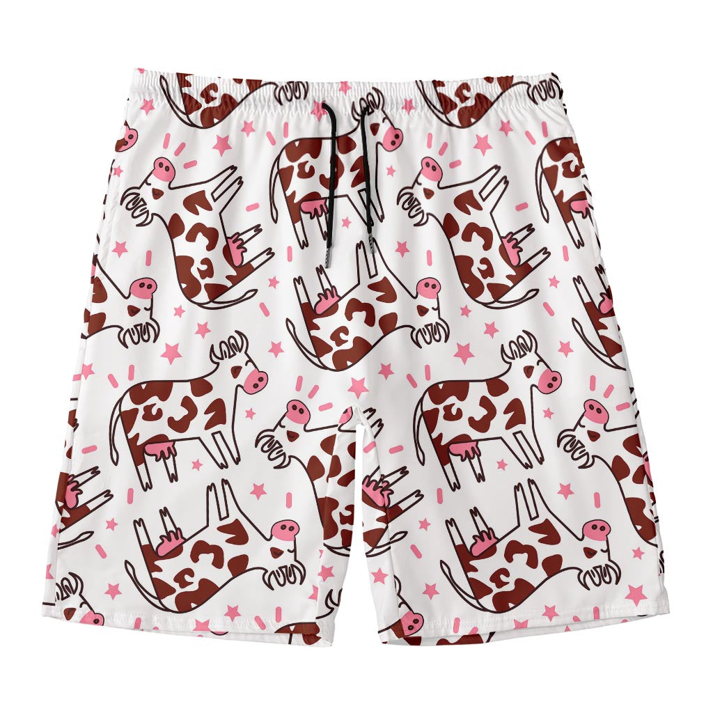 Cartoon Happy Dairy Cow Pattern Print Men's Swim Trunks