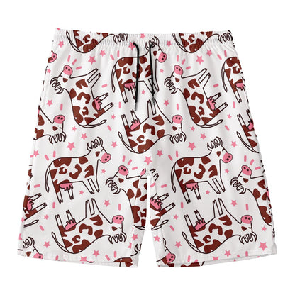 Cartoon Happy Dairy Cow Pattern Print Men's Swim Trunks