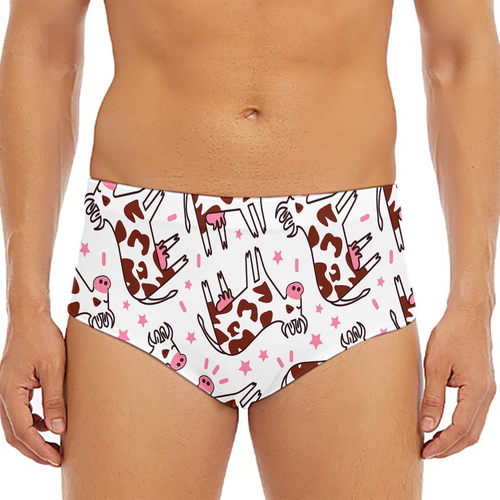 Cartoon Happy Dairy Cow Pattern Print Men's Triangle Swim Briefs