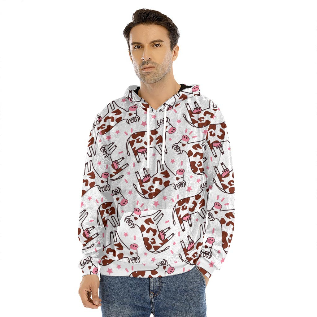 Cartoon Happy Dairy Cow Pattern Print Men's Velvet Pullover Hoodie