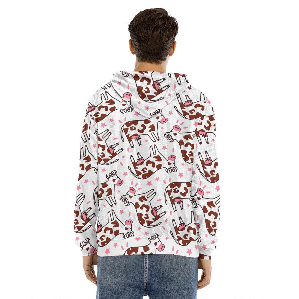 Cartoon Happy Dairy Cow Pattern Print Men's Velvet Pullover Hoodie