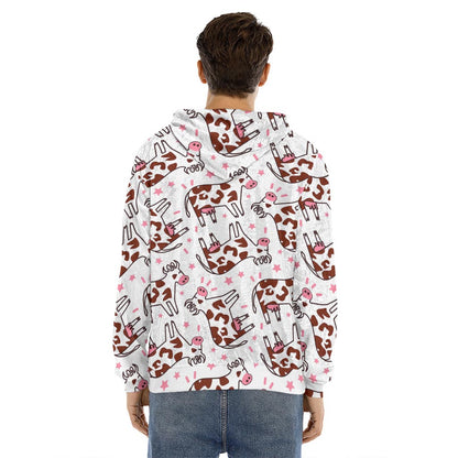Cartoon Happy Dairy Cow Pattern Print Men's Velvet Pullover Hoodie