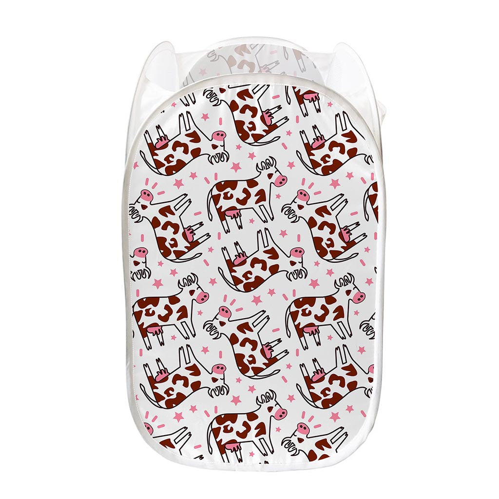Cartoon Happy Dairy Cow Pattern Print Mesh Laundry Hamper