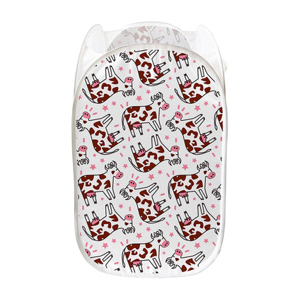 Cartoon Happy Dairy Cow Pattern Print Mesh Laundry Hamper