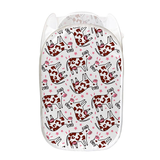 Cartoon Happy Dairy Cow Pattern Print Mesh Laundry Hamper