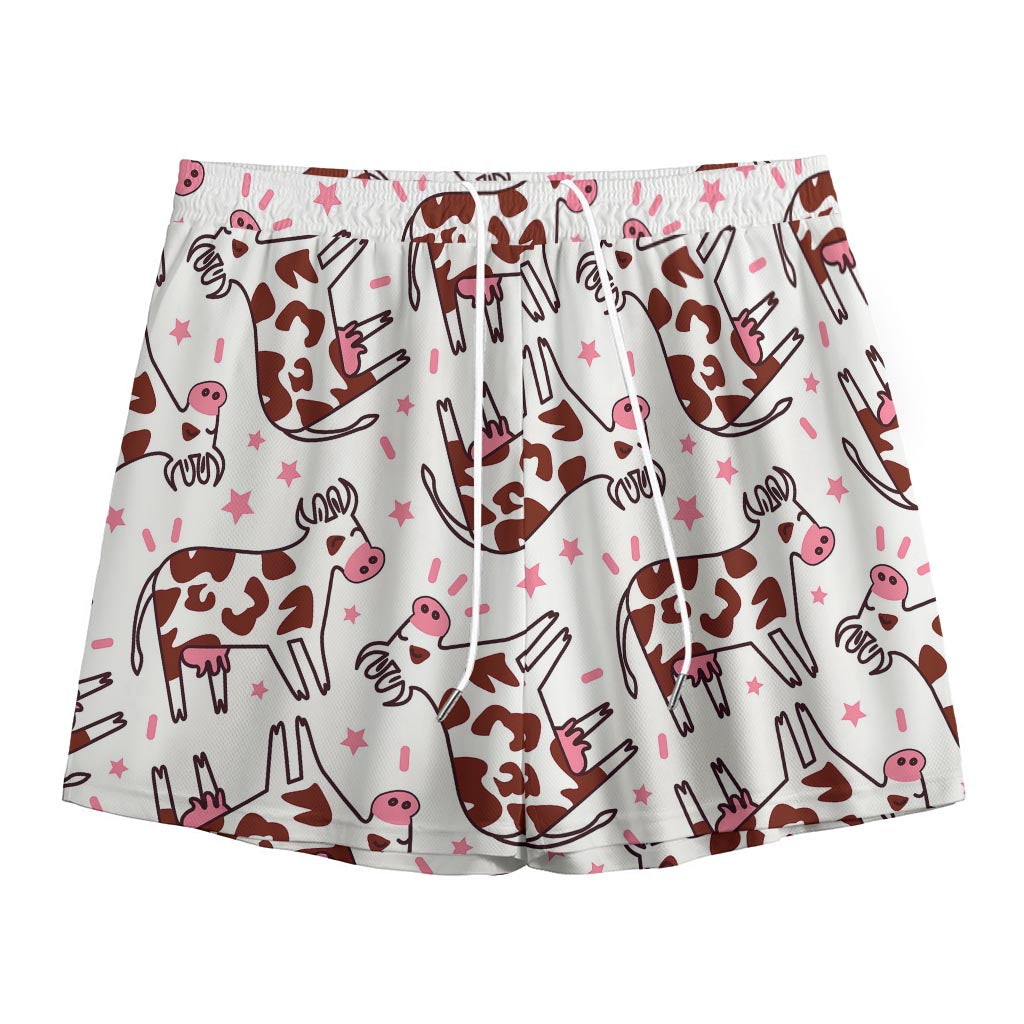 Cartoon Happy Dairy Cow Pattern Print Mesh Shorts