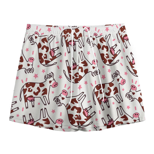 Cartoon Happy Dairy Cow Pattern Print Mesh Shorts