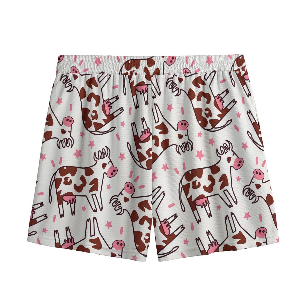 Cartoon Happy Dairy Cow Pattern Print Mesh Shorts