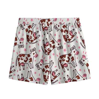 Cartoon Happy Dairy Cow Pattern Print Mesh Shorts