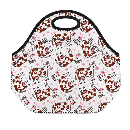 Cartoon Happy Dairy Cow Pattern Print Neoprene Lunch Bag