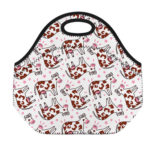 Cartoon Happy Dairy Cow Pattern Print Neoprene Lunch Bag