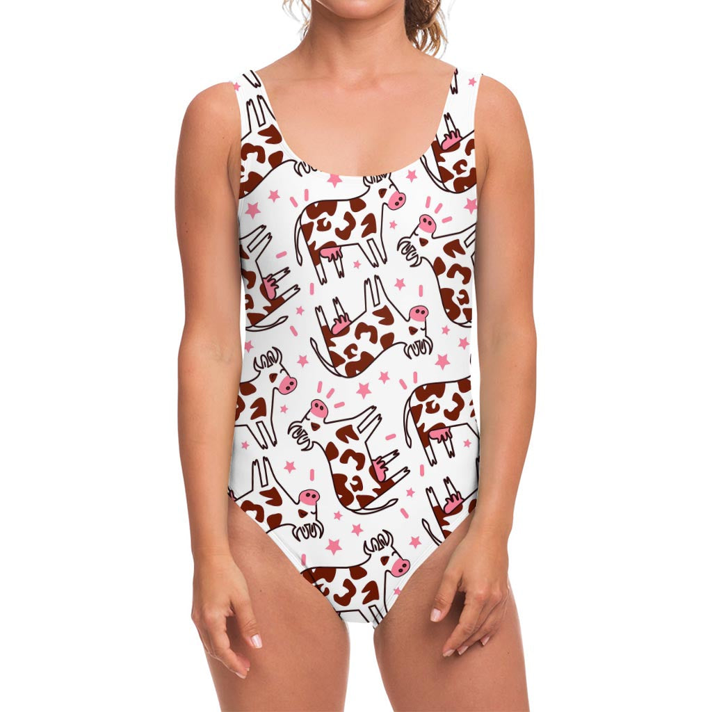 Cartoon Happy Dairy Cow Pattern Print One Piece Swimsuit