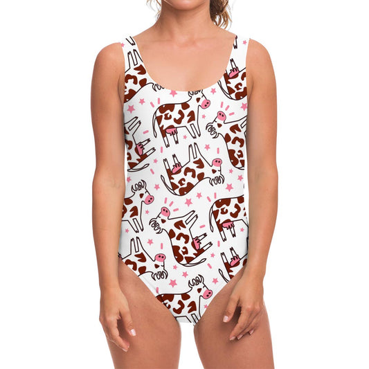 Cartoon Happy Dairy Cow Pattern Print One Piece Swimsuit
