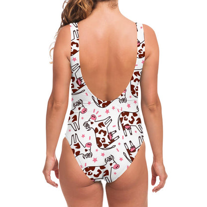 Cartoon Happy Dairy Cow Pattern Print One Piece Swimsuit