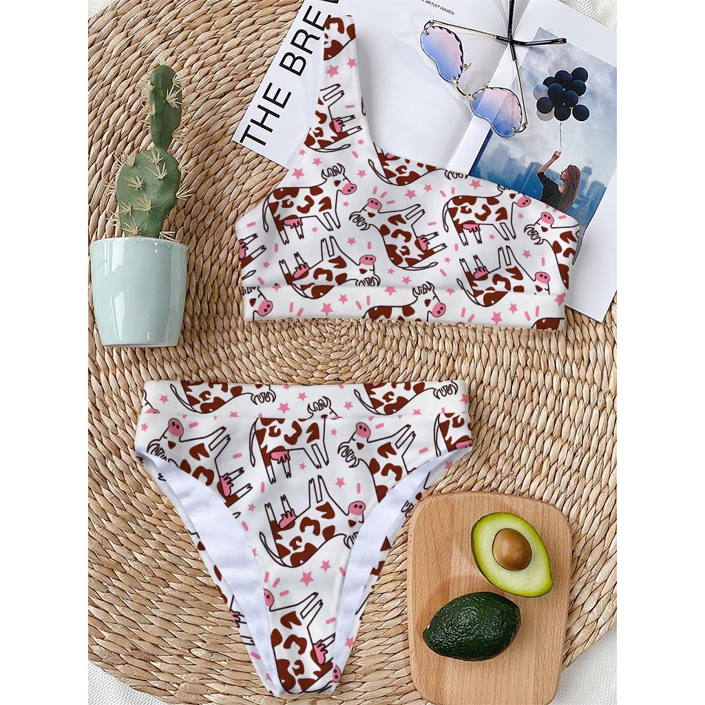 Cartoon Happy Dairy Cow Pattern Print One Shoulder Bikini Top