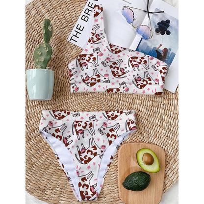 Cartoon Happy Dairy Cow Pattern Print One Shoulder Bikini Top
