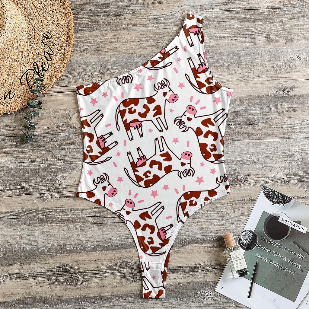 Cartoon Happy Dairy Cow Pattern Print One Shoulder Bodysuit