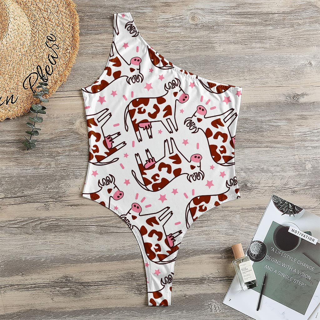 Cartoon Happy Dairy Cow Pattern Print One Shoulder Bodysuit