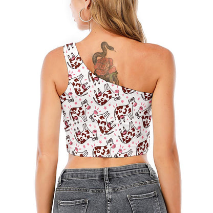 Cartoon Happy Dairy Cow Pattern Print One Shoulder Crop Top