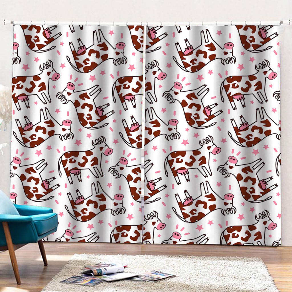 Cartoon Happy Dairy Cow Pattern Print Pencil Pleat Curtains