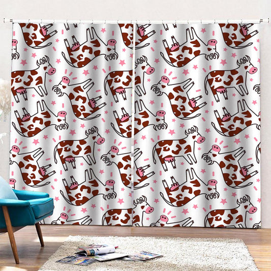 Cartoon Happy Dairy Cow Pattern Print Pencil Pleat Curtains
