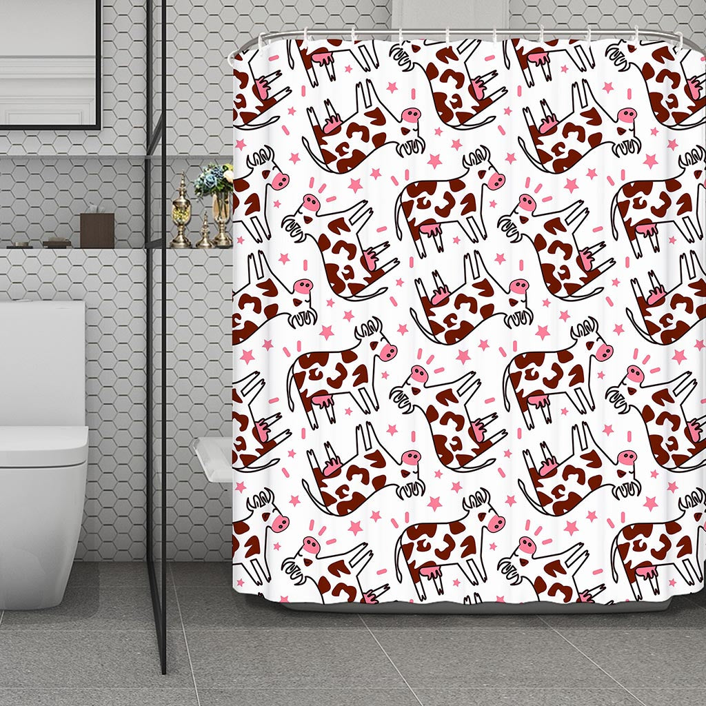 Cartoon Happy Dairy Cow Pattern Print Polyester Shower Curtain