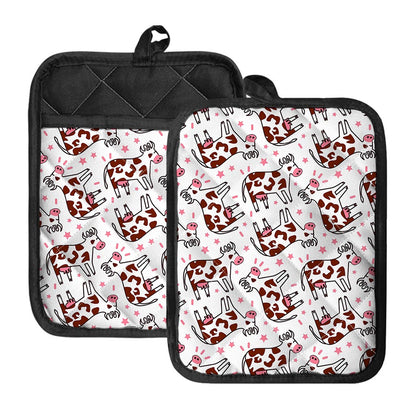 Cartoon Happy Dairy Cow Pattern Print Pot Holders With Pocket