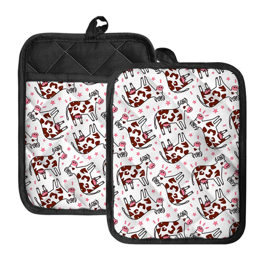 Cartoon Happy Dairy Cow Pattern Print Pot Holders With Pocket