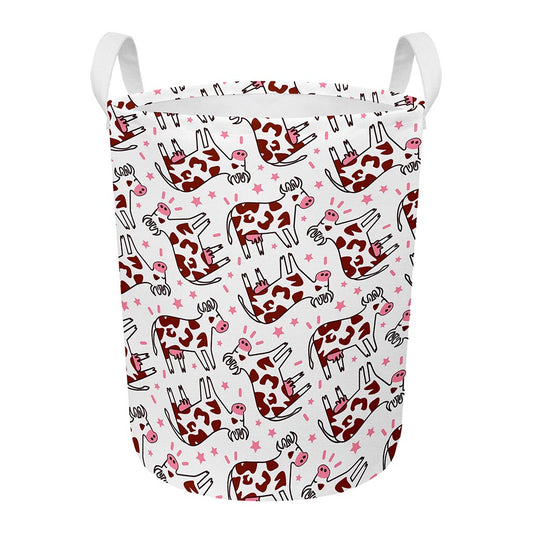 Cartoon Happy Dairy Cow Pattern Print Round Laundry Basket