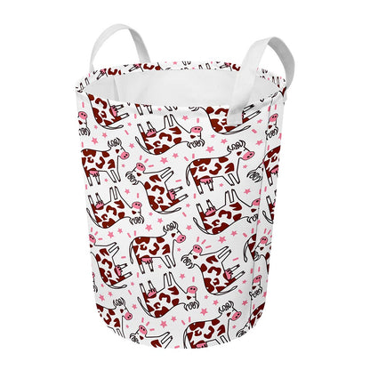 Cartoon Happy Dairy Cow Pattern Print Round Laundry Basket