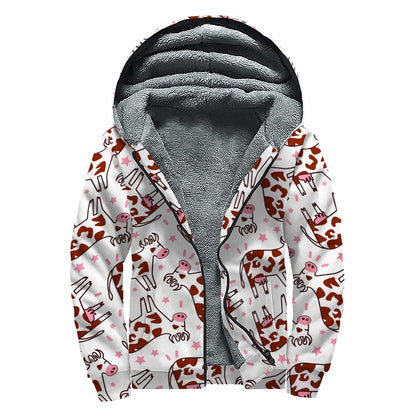 Cartoon Happy Dairy Cow Pattern Print Sherpa Lined Zip Up Hoodie