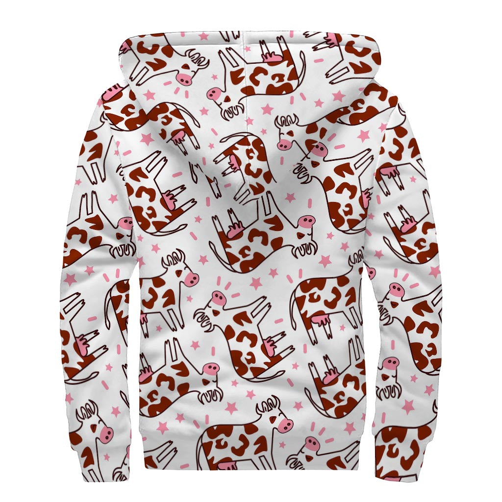 Cartoon Happy Dairy Cow Pattern Print Sherpa Lined Zip Up Hoodie