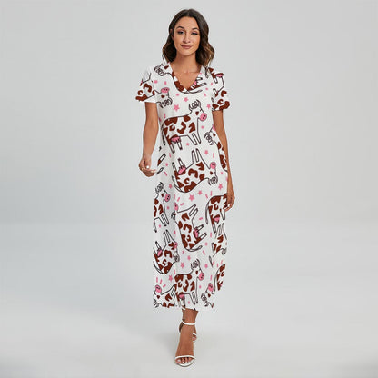 Cartoon Happy Dairy Cow Pattern Print Short Sleeve Maxi Dress