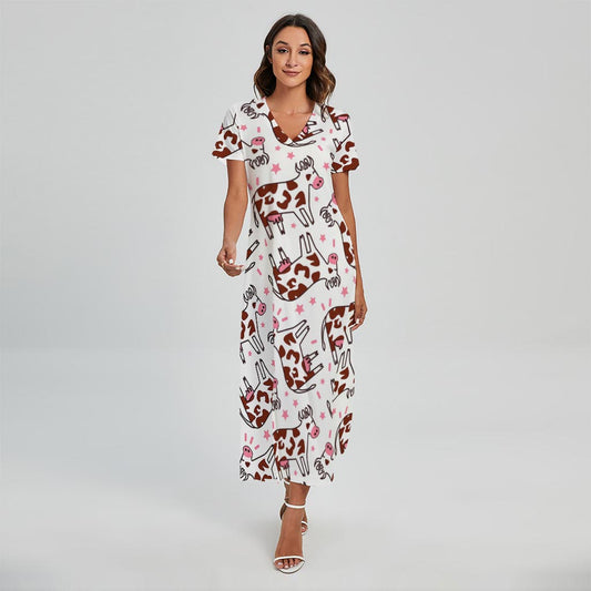 Cartoon Happy Dairy Cow Pattern Print Short Sleeve Maxi Dress